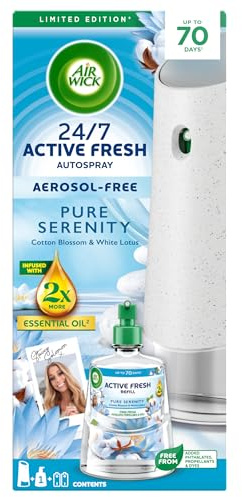 Air Wick Active Fresh Aerosol-Free Automatic Air Freshener Spray Kit, Pure Serenity, 1 Gadget & 1 Refill (228ml), 24x7 Active Fresh Odour Neutraliser, Lasts up to 70 days, Air Freshener for Home