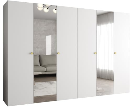 MEBLE KRYSPOL - Kleiderschrank - Garderobenschrank - 300 cm x 202 x 52 cm - Schrank mit Kleiderstange und Spiegel, 6 Türen - für Schlafzimmer, Flur - Parma, Weiß, Griff Gold