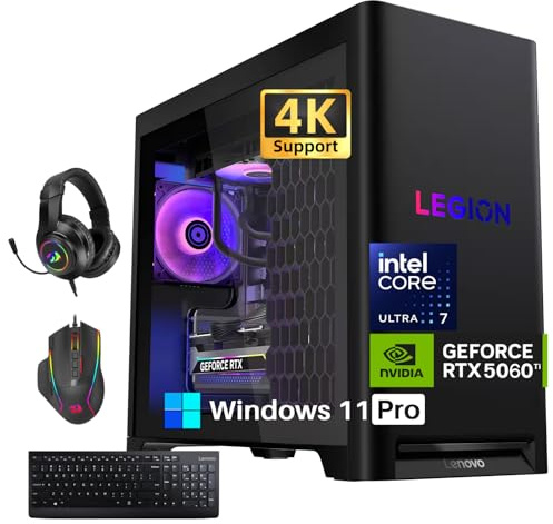 Lenovo Legion Tower 5i Ordinateur de bureau de jeu, NVIDIA GeForce RTX 5060Ti 8 Go GDDR7, processeur Intel Core Ultra 7 265F, 32 Go DDR5 5600 MHz, SSD PCIe 1 To, Windows 11 Pro, Kit casque de jeu