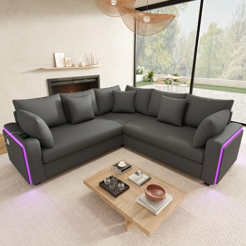 STAPERFO Ecksofa L‑formig mit LED-Beleuchtung, Bluetooth & USB-C Ladeanschluss, Cord Sofa mit 5 Kissen, modernes Couchset, Beige, 198 x 198 x 83 cm für Wohnzimmer & Apartment