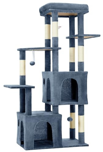 GarveeHome Torre Rascadora para Gatos Grandes - Árbol De 156 cm con 7 Postes De Sisal Natural, Plataforma Extra Grande y 2 Casas, Estructura Robusta para Maine Coon y Gatos Pesados - Azul