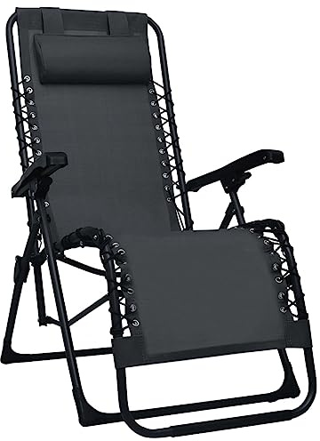 Augerqir Klappbarer Liegestuhl Schwarz Textilene Stahlgestell gepolsterte Kopfstütze 65 x 50 x 111 cm Gartenliege Sonnenliege Relaxliege für Balkon Terrasse Pool Outdoor Camping