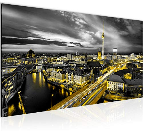Runa Art Wandbild Berlin Skyline 1 Teilig 100 x 40 cm Modern Bild auf Vlies Leinwand Stadt Büro Wohnzimmer Schwarz Gelb 004312a