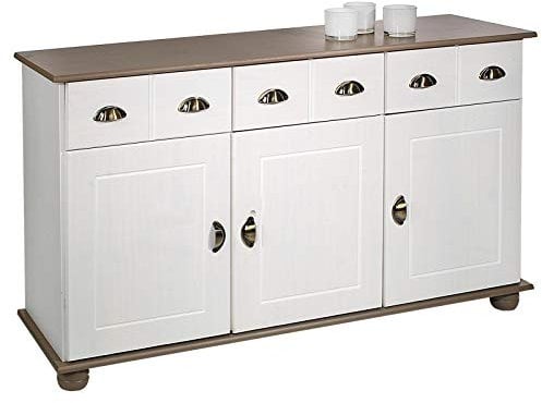 IDIMEX Buffet Colmar Commode bahut vaisselier Meuble Bas Rangement avec 3 tiroirs et 3 Portes battantes, en pin Massif lasuré Blanc et Taupe