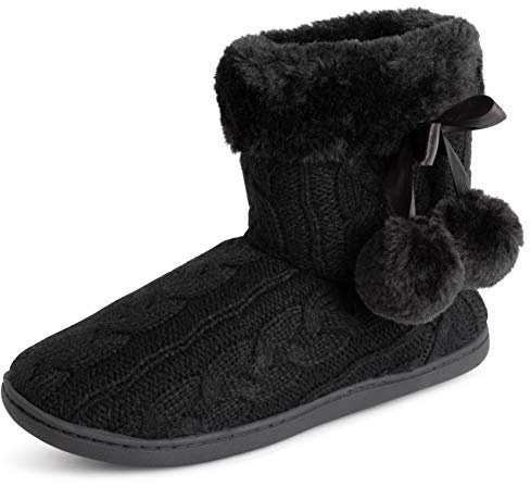 Polar Womens Memory Foam Pom Pom Winter Faux Fur Luxury Plush Cosy Anti Slip Indoor Outdoor Slippers - Black Knitted - UK9/EU42 - YC0714