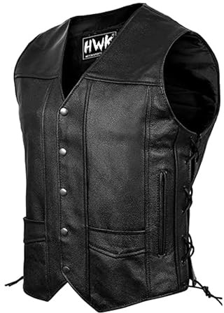 HWK Leather Motorcycle Vest for Men and Women with Concealed Carry Pocket, Black Genuine Leather Vest with 100% Polyester Lining for All-Weather Enduro Motocross Motorbike Riding - 5X-Large