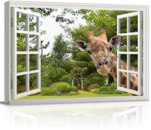Kunstdruck auf Leinwand, Motiv Eine neugierige Giraffe, die seinen Kopf in ein offenes Fenster klebt, Wanddekoration, modernes Kunstwerk, Gemälde für Wohnzimmer, fertig zum Aufhängen, 30.5 x 40.6 cm
