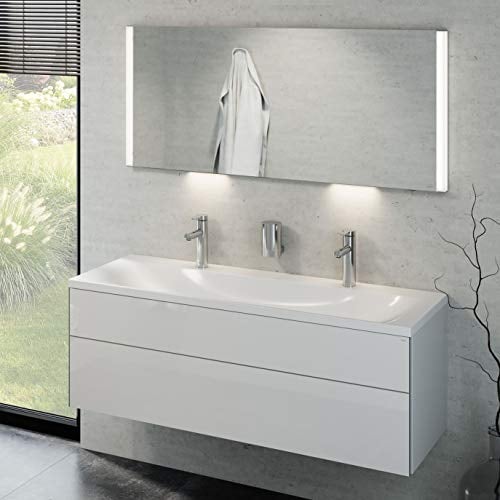 Keuco Badmöbelset mit Waschtisch, Waschbeckenunterschrank mit Frontauszug Hochglanz-weiß, LED Spiegel dimmbar, Badezimmermöbel Set, Badschrank mit Waschbecken, Breite 130 cm Royal Reflex