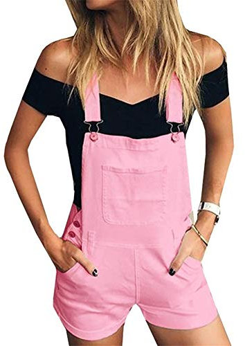 Chickw11 Denim Salopette Corta Donna Pantaloncini, Estiva Ragazza Jumpsuit Loose Overall Senza Maniche Playsuit con Tasche Tuta Estate Corti Bermuda Shorts (S,Rosa)