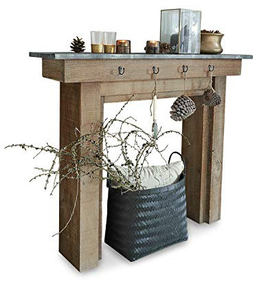 Loberon Kaminkonsole Lesterby, Landhaus-Stil, mit Stabilen Haken für Dekorationen, Kaminumrandung, Wohn-Accessoire, Kiefernholz, Eisen, braun/grau