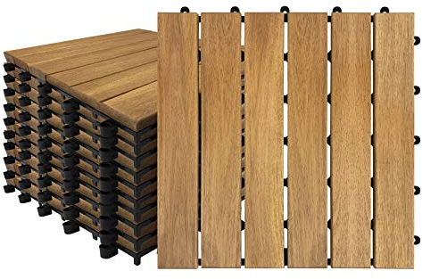 HENGMEI Holz Terrassenfliesen 30x30 cm mit Klicksystem Wetterfest Pflegeleicht mit Drainagesystem- 11er Set für 1 m² Holzfliesen mit Drainagesystem für Balkon, Garten, Terrasse- Modell A