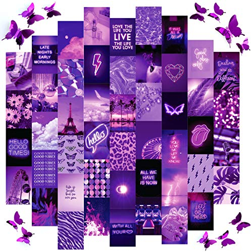 Artivo Kit de collage mural violet, 50 papillons de 10,2 x 15,2 cm, images violettes et noires pour décoration murale, affiches esthétiques pour chambre de fille, décoration murale mignonne pour
