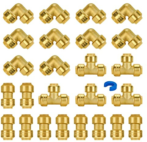 SUNGATOR Plumbing Fittings 1/2 Inch, Push Pex Fittings 1/2, 10 Each Coupling and 90 Degree Elbow, Tee (5 PCS), No Lead Brass Push to Connect Pex Pipe, Copper, CPVC, with 1 Disconnect Clip, Pack of 25