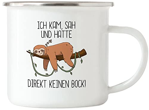Hey!Print Ich kam sah und hatte direkt keinen Bock Emaille Tasse Lustig Spruch Ironie Faultier Geschenk Bürokollegen