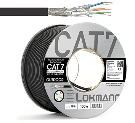Cat 7 Outdoor Erdkabel Verlege Kabel, Lan Kabel, Installationskabel, AWG23/1 CAT 7 S/FTP Ethernet Netzwerk 1000MHz geschirmtes Datenkabel Netzwerkkabel für Außenbereich UV-beständig, Schwarz, 100m