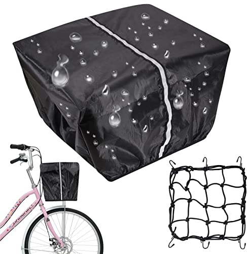 Fahrrad Korbabdeckung Wasserdicht & Gepäcknetz, Fahrradkorb Abdeckung Hinten Einlegetasche mit Reflektorstreifen, Regenüberzug Korb mit Gummizug für die Meisten Fahrradkörbe (42x33x25cm) Schwarz