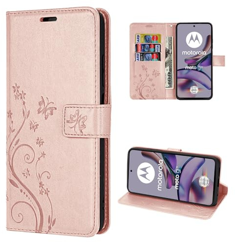 betterfon Hülle Kompatibel mit Motorola Moto G13 / G23 | Premium PU Leder Handyhülle Wallet Case für Moto G13 / G23 | Schutzhülle Blumen Klapphülle Handyhülle | Rosegold
