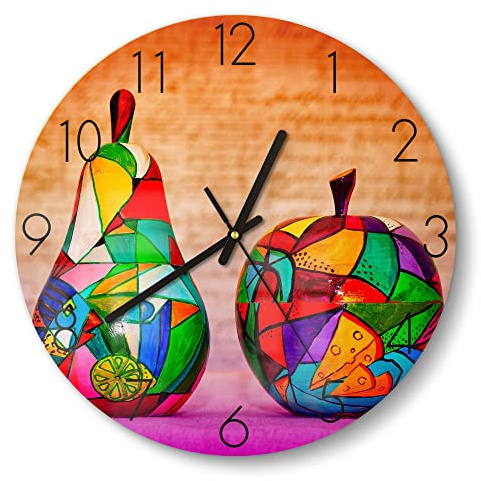 DEQORI Glasuhr | rund Ø 30 cm | Motiv Bunte Holzfrüchte | ausgefallene leise Design Uhr aus Glas | Wanduhr für Wohnzimmer & Küche | moderne Hingucker Uhr für die Wand