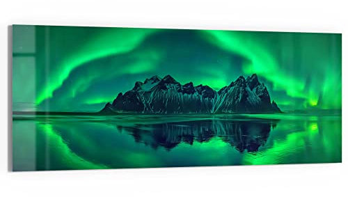 DEQORI Glasbild Echtglas | Motiv Vestrahorn im Polarlicht | horizontal einteilig 125x50 cm | schöne Dekoration | Wandbild für Wohnzimmer, Schlafzimmer, Flur & Küche | moderne Wanddeko