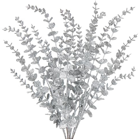 8PCS Christmas Eucalyptus Leaves Glitter Eucalyptus Stems, 65CM Silver Artificial Christmas Tree Decorations, Fake Foliages Xmas Ornaments for Wedding, Party, Flower Arrangement, Wreath, Garland Decor