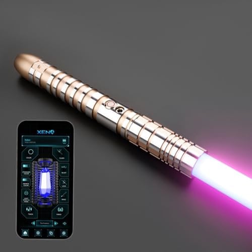 G4E Lightsaber with Bluetooth App, Smooth Swing, 16 Sound fonts, Infinite RGB Colour Change, Motion Control. Upgraded RGB v3.0. Light Saber For Adults and Cosplay. (2-Tone RGB (Gold))