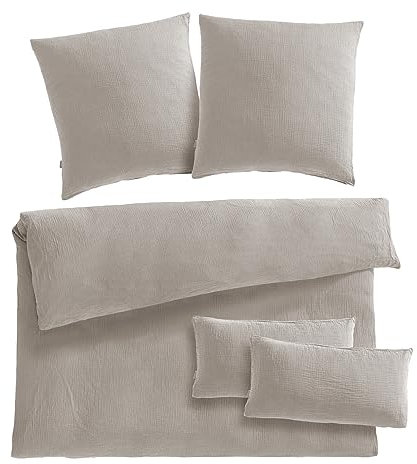 Pure Label Musselin Bettwäsche 200x220 5teilig bestehend aus einem Bettbezug 200x220 cm + Kissenbezug 80x80 2er Set + 40x80 Kissenbezug 2er Set aus Baumwolle - Kuschelige Bettwäsche in Taupe