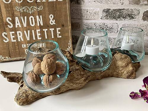 MAISONICA Triple Glass Bowl - Molten on Wooden Teak Root - Hand Blown Sculpture