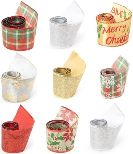 Christmas Ribbon Cake Decorations Crafts Gift Wrapping with Wire Along The Top & Bottom 1 Yard Length (Silver Glitter)