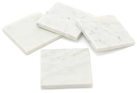 Carousel Home Set Of 4 Square White Marble Coasters | Natural Stone Marble Coaster Set | 4 Piece Drinks Coasters Cup Mug Table Mats