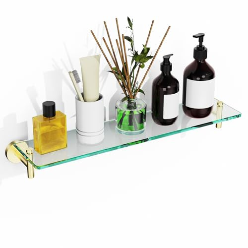 KOCOK Glasregale für Badezimmer, 50,8 cm, gebürstetes Gold, schwebendes Badezimmer-Regal, Edelstahl, gehärtetes Glas, moderne Regale, Wandmontage