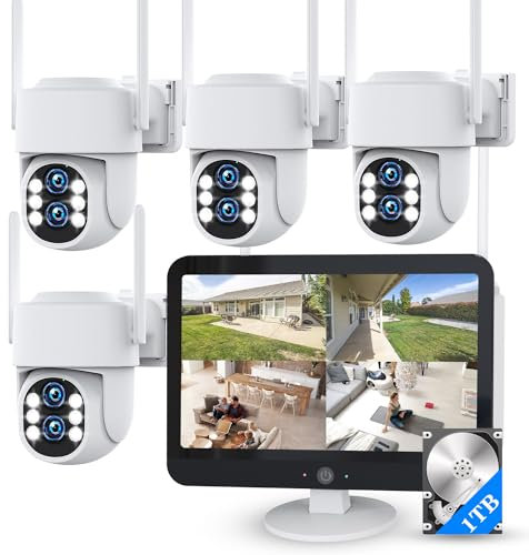 ZHXINSD - Sistema di telecamere di sicurezza wireless per esterni, con doppio obiettivo da 6 MP, zoom ibrido 10x, tracciamento automatico a 360°, set di 4 telecamere con monitor da 12,5 pollici, 2,4