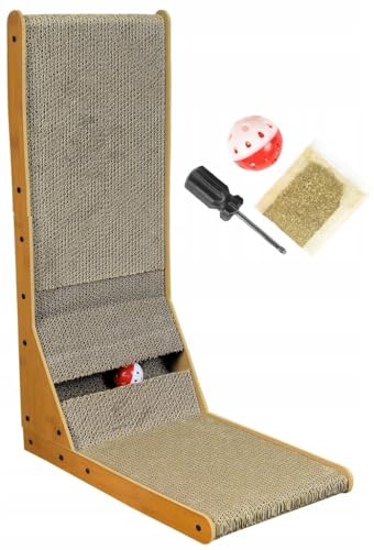 Katzenbaum Kratzbaum Kratzbrett Katzen 60 cm hohe L förmige Kratzpappe für Katzen, widerstandsfähig Katzenkratzbrett mit Ballspielzeug, Katzen Kratzmöbel aus hochwertiger Karton für Wand und Ecke
