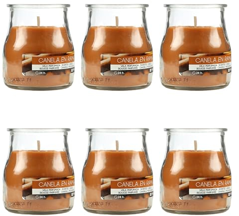 Pack de 6 Velas Aromáticas en Vaso de Yogurt de Cristal Reciclable - 24h de Duración,Cera Vegetal Perfumada, Fabricadas en España, 7x6cm (Canela en Rama)