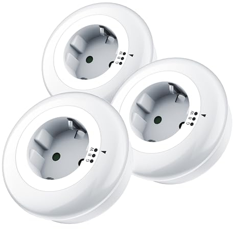 BRANDSON - 3 Stück LED Nachtlicht Steckdose - Orientierungslicht Nachtlampe - integrierter Helligkeitssensor und Dämmerungssensor - 3 Lichtfarben: Weiß Grün Blau - auch für Babys und Kinder