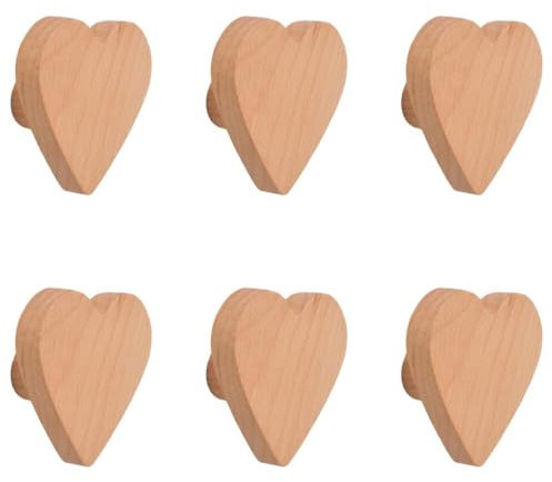 KOMUNJ 6 Stück Herzform Holz Schrankknäufe,Herzförmige Holzknäufe, Buchenholzgriffe, Holzgriffe, Schrankgriffe, für Boho-Möbel, Kommodengriffe, Hardware, Ziehgriffe