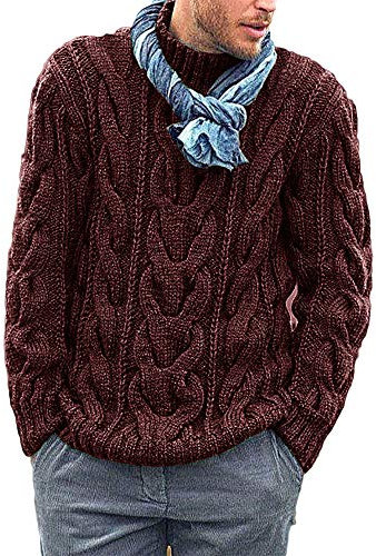 Runcati Knitted Mens Jumper Cable Knit Sweater Long Sleeve Ribbed High Neck Winter Pullover Thick Knitwear, Wine Red, XL