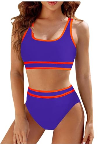 Maillot de Bain Bikini Femme 2 Pièces Amincissant Rayures Maillot de Bain Femme Débardeur Brassière avec Short de Plage Taille Haute Sport Natation Piscine Vacances (L, Violet-2)