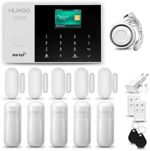 HUXGO® HXA005 Alarmanlage fürs Haus WiFi + GSM Set mit Sirene | Funk Alarmanlage Wohnung mit App. TUYA |Alarm System mit 5X Bewegungssensor, 5X Fensteralarm/Türsensoren | Smart Home