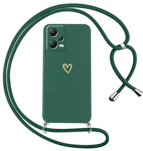 Oelrstfe Coque pour Xiaomi Redmi Note 12 5G/Xiaomi Poco X5 avec Cordon de Collier Étui Housse Souple Silicone avec Motif Coeur et Lanyard Réglable Antichoc Anti-Chute Bandoulière Lanière Case,Vert