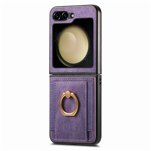 Sawiqpd for Samsung Galaxy Z Flip 6 5G Wallet Case with Ring Holder Kickstand, Folding Leather Protective Phone Cover Shockproof Anti-Scratch Slim Back Case for Samsung Z Flip6 5G 2024, Purple