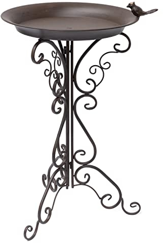Moritz Vogeltränke Vogelbad Dunkelbraun mit kleinem Vogel auf der Wasserschale Höhe 73cm stehend Vogelbecken Wassertränke verziert Garten frostsicher