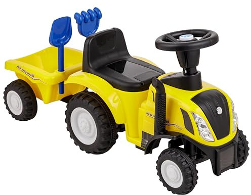 Baroni Toys Tracteur Ride-on avec remorque pour Enfants de 12 à 36 Mois, Tracteur avec klaxon à air, Véhicule pour Enfant, Sons et phares fonctionnants, Pelle et râteau Inclus, 29x91x44 cm (Jaune)