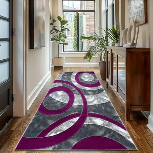 Rugs Inn Retro Runners for Hallways - Soft Shaggy Modern Dense Pile Circle Design Washable Heavy Weight Kitchen Runner Rug Carpet Mat (Purple, 80 X 150 cm)