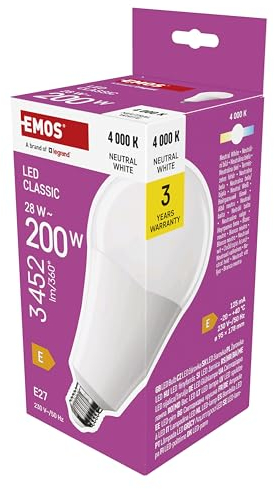 EMOS LED Lampe A95-Birne, 28W Ersatz für 200W Glühbirne, klassiche Birne in größerer Form, E27 Sockel, Helligkeit 3452 lm, Neutralweiß 4000 K, 30000 h Lebensdauer, CRI min. 80, 180° Abstrahlwinkel