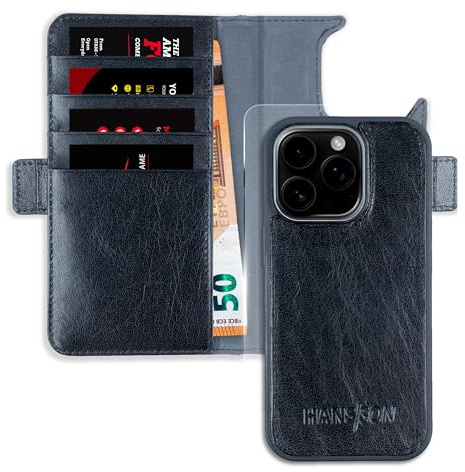 HANS/SON Echtleder Handyhülle für iPhone 16 Pro, Klappbar, Schwarz, Schützend & Stylisch, inkl. Gratis Displayschutz Glas, MagSafe kompatibel