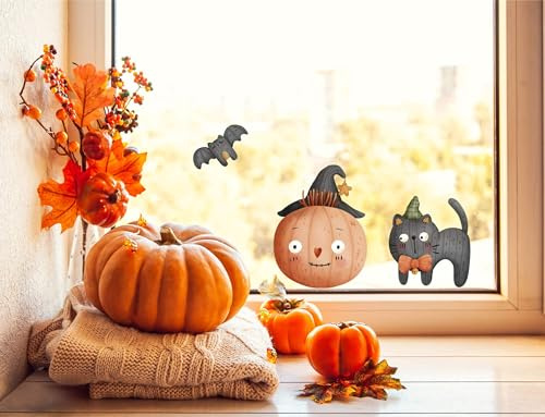 QuoteMyWall Halloween Window Stickers Cute Smilinmg Pumpkin, Black Cat & Flying Bat Halloween Decor Decorations