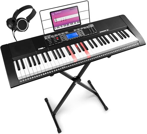 MAX Rhapsody61L Piano digital electrónico con 61 teclas luminosas, teclado de piano con altavoz, pantalla LCD, 40 canciones demo, función de aprendizaje, 300 sonidos, incluye auriculares y soporte