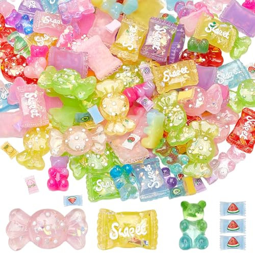 SOFPLATE 150Pcs Candy Flatback Resin Charms Flat Back Cabochons Cute Colorful Transparent Opaque Fruit Sweet Bear Candy Lollipops Embellishments for Jewelry Nail Hair Slips Phone Cases DIY Crafts