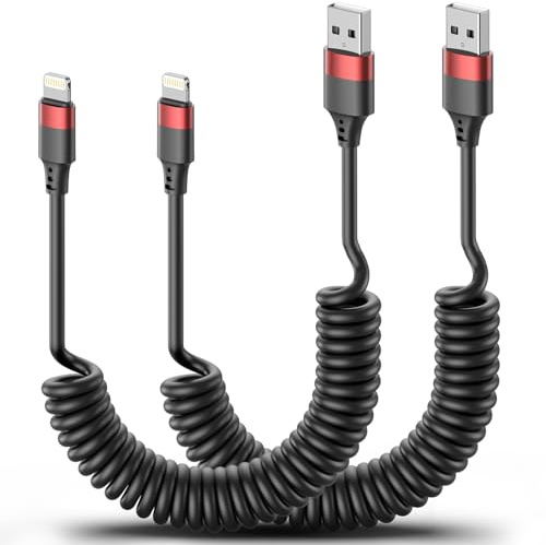 Coiled Lightning Cable for Car, 2 Pack Retractable Lightning Cable Coiled iPhone Charger Cord Fast Charging for iPhone 14 13 12 11 Pro Max Mini 10 8 Plus XR SE, AirPods [Apple MFi Certified]