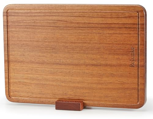 Relxinke Solid Teak Wood Cutting Board One Piece Non Glued Thick Crack Resistant Wooden Chopping Board with DeepJuice Grooves Built in Handles for Kitchen Meat Vegetables Chese 14 X 9.5 Inch
